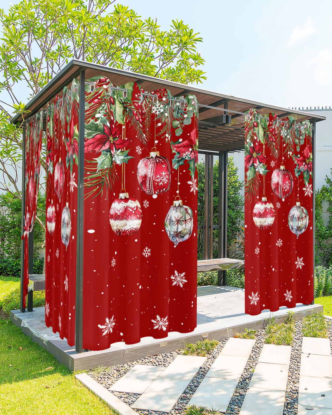Outdoor Curtains for Patio, Red Christmas Balls Waterproof Blackout Outside Curtain for Porch/Pergola/Gazebo, Xmas Snowflake Botanical Thermal Insulated Drapes for Cabana, 1 Panel, 54 x 95 Inch