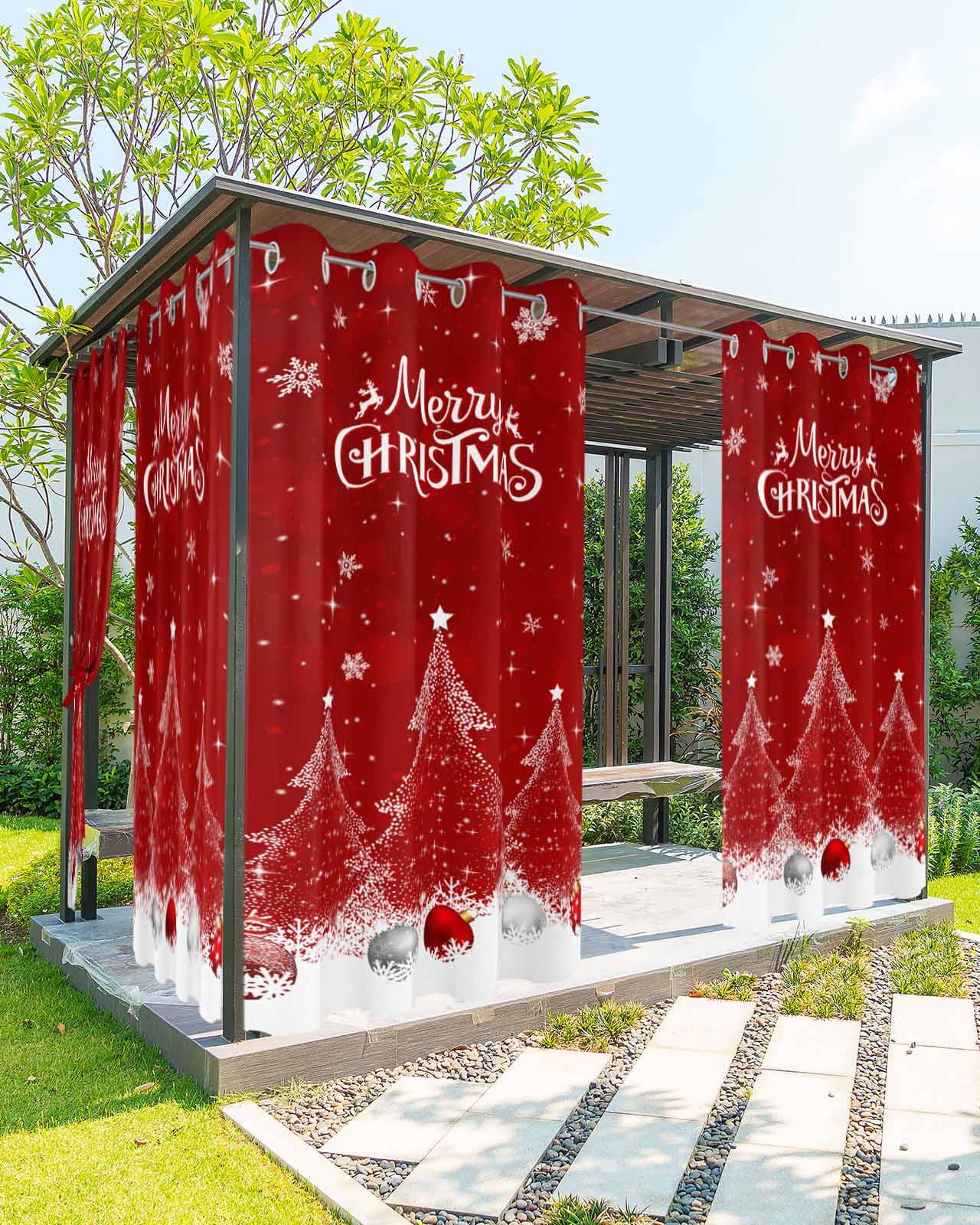 Outdoor Curtains for Patio, Red Christmas Tree Waterproof Blackout Outside Curtain for Porch/Pergola/Gazebo, Balls Xmas Snowflake Thermal Insulated Drapes for Cabana, 2 Panels, 54 x 95 Inch