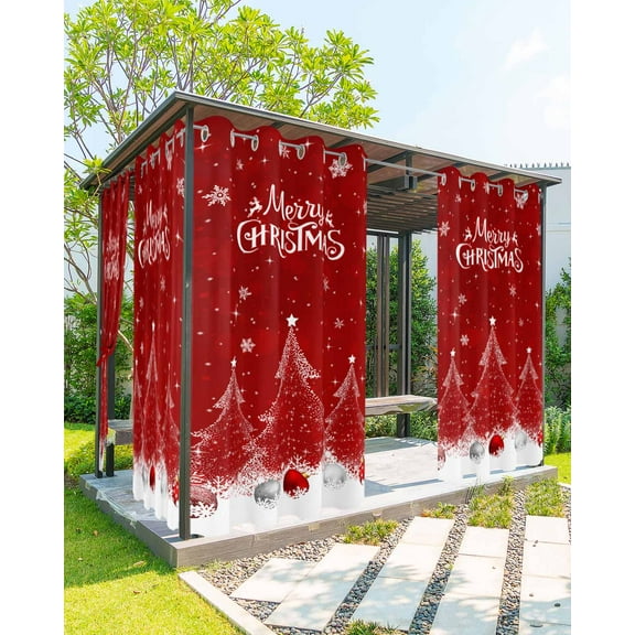 Outdoor Curtains for Patio, Red Christmas Tree Waterproof Blackout Outside Curtain for Porch/Pergola/Gazebo, Balls Xmas Snowflake Thermal Insulated Drapes for Cabana, 1 Panel, 54 x 84 Inch