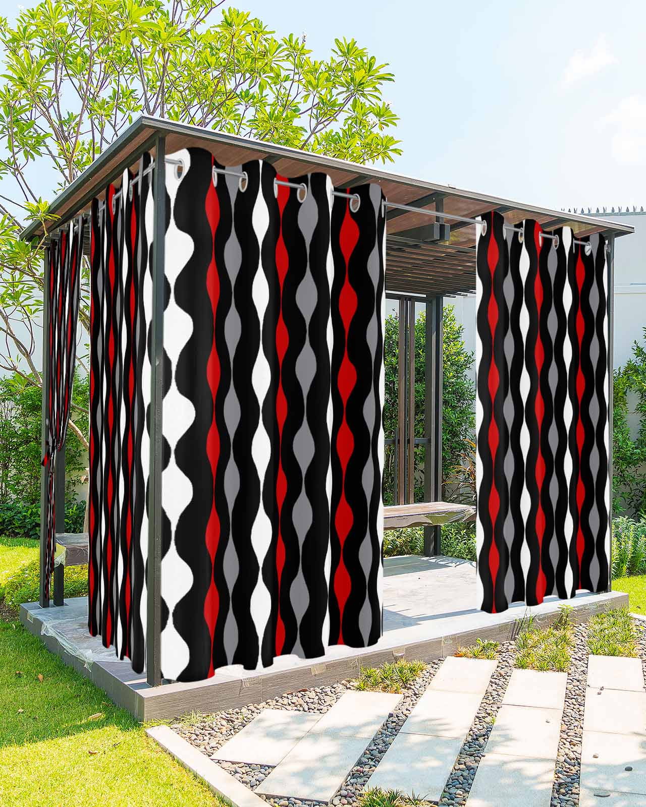 Outdoor Curtains for Patio Red Grey Black and White Geometric Striped Waterproof Privacy Outside Curtains with Tiebacks Grommet Top Pergola Curtains for Porch Cabana Gazebo 2 Panels, 54x108 inch