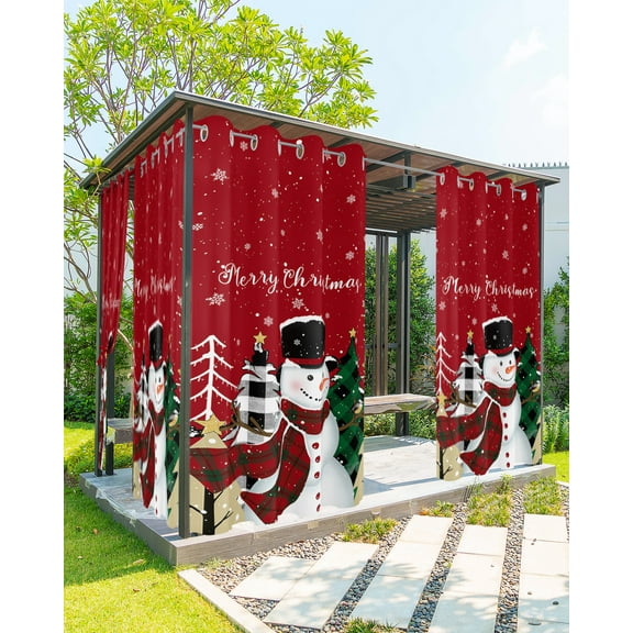 Outdoor Curtains for Patio, Red Snowman, Waterproof Blackout Outside Curtain for Porch/Pergola/Gazebo, Winter Christmas Pine Tree Thermal Insulated Drapes for Cabana, 1 Panel, 54 x 84 Inch