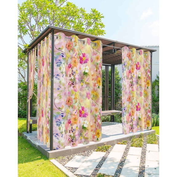 Outdoor Curtains for Patio, Spring Floral Waterproof Blackout Outside Curtain for Porch/Pergola/Gazebo, Elegant Watercolor Botanical Summer Flower Thermal Insulated Drapes, 2 Panels, 54 x 108 Inch