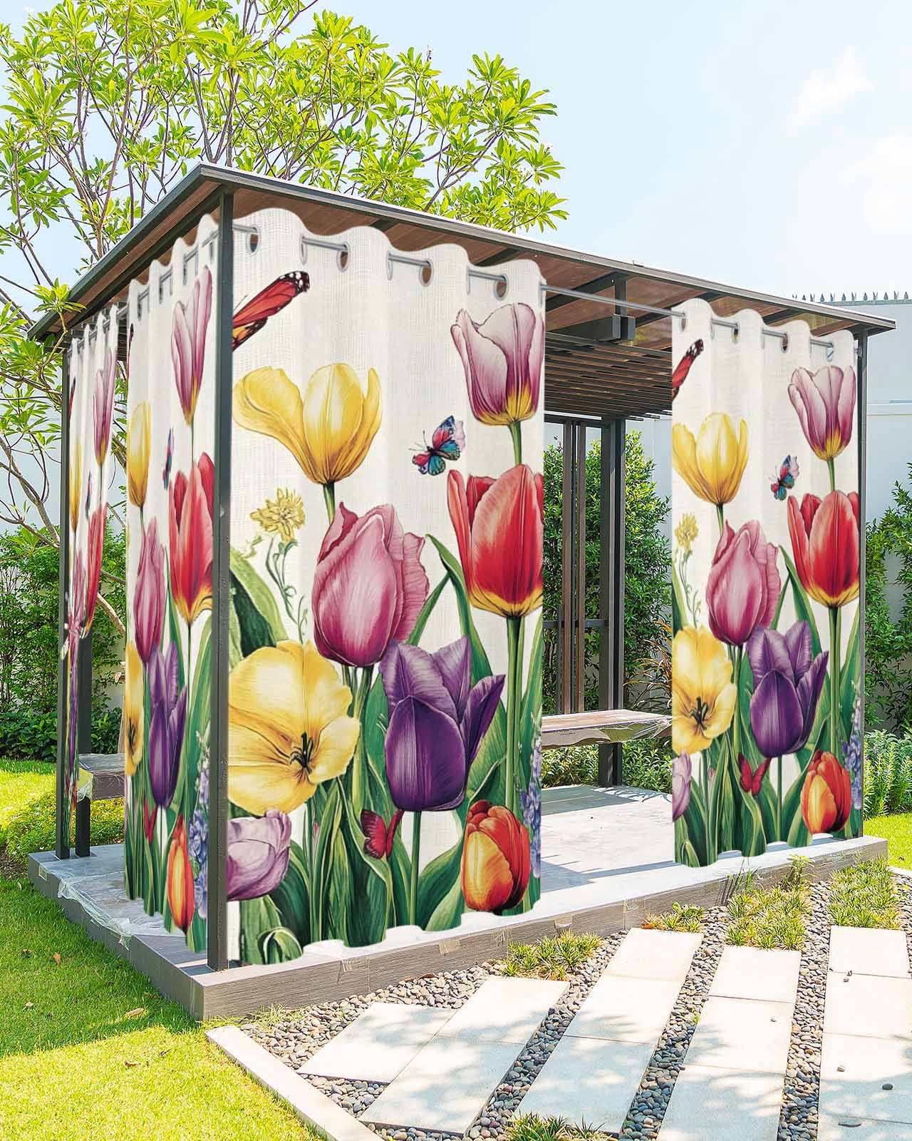 Outdoor Curtains for Patio, Spring Floral Waterproof Blackout Outside Curtain for Porch/Pergola/Gazebo, Tulip Summer Butterfly Botanical Colorful Thermal Insulated Drapes, 2 Panels, 54 x 84 Inch
