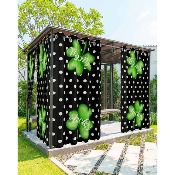 Outdoor Curtains for Patio, St. Patrick's Day Waterproof Blackout Outside Curtain for Porch/Pergola/Gazebo, Green Lucky Black White Polka Dots Thermal Insulated Drapes, 1 Panel, 54 x 84 Inch