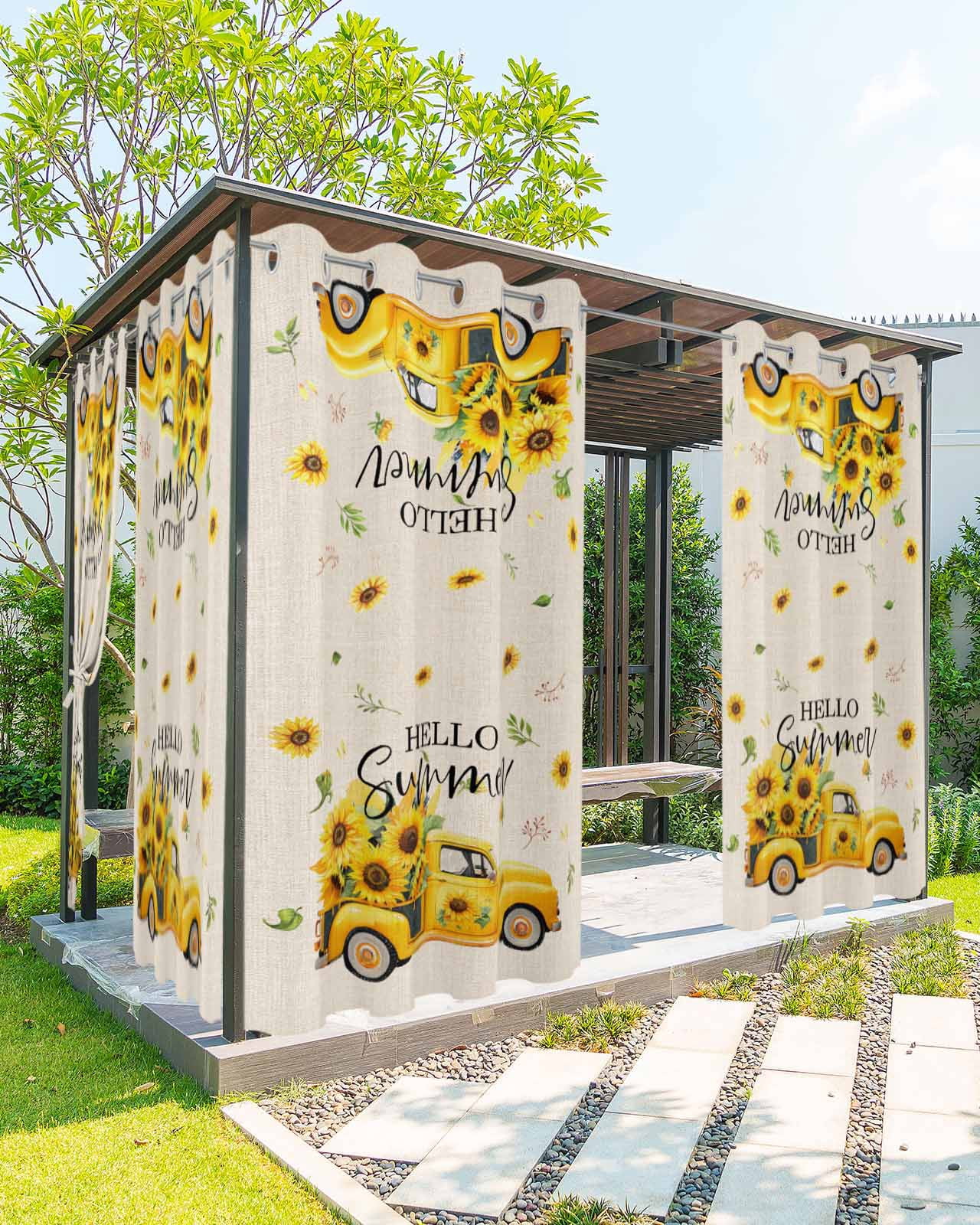 Outdoor Curtains for Patio, Summer Sunflower Waterproof Blackout Outside Curtain for Porch/Pergola/Gazebo, Yellow Truck Botanical Rustic Thermal Insulated Drapes for Cabana, 2 Panels, 54 x 95 Inch
