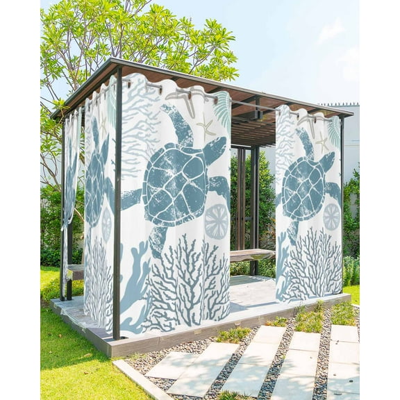 Outdoor Curtains for Patio, Teal Blue Coastal Turtle Waterproof Blackout Outside Curtain for Porch/Pergola/Gazebo, Ocean Coral Nautical Thermal Insulated Drapes for Cabana, 2 Panels, 54 x 108 Inch