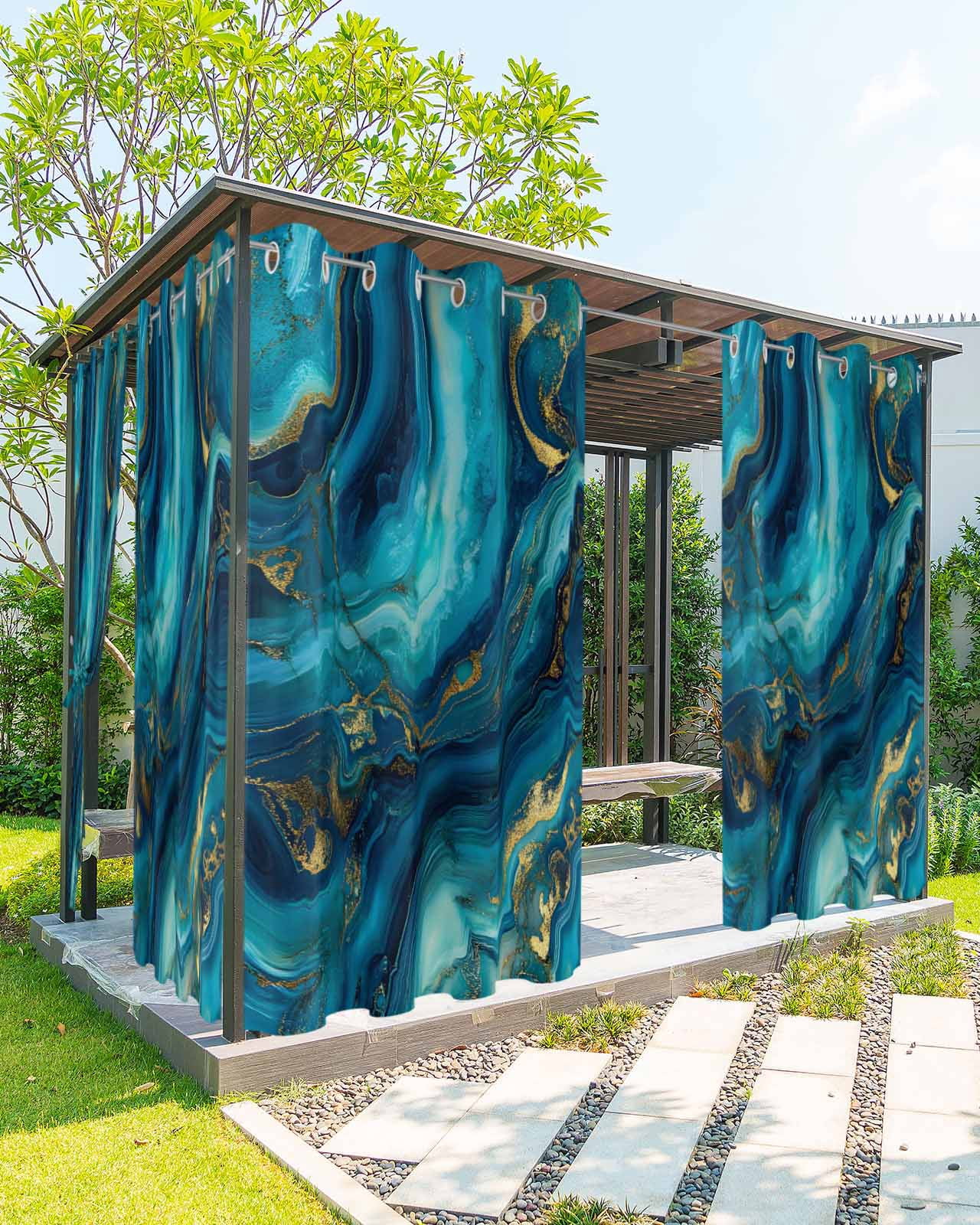 Outdoor Curtains for Patio, Teal Blue Marble Waterproof Blackout Outside Curtain for Porch/Pergola/Gazebo, Ink Painting Modern Abstract Yellow Thermal Insulated Drapes, 2 Panels, 54 x 84 Inch