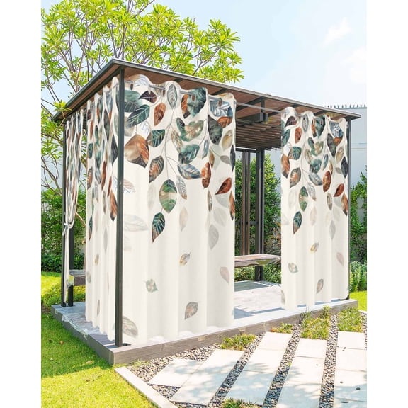 Outdoor Curtains for Patio, Teal Brown Botanical Waterproof Blackout Outside Curtain for Porch/Pergola/Gazebo, Pastoral Fall Weeping Maple Leaf Thermal Insulated Drapes, 2 Panels, 54 x 95 Inch