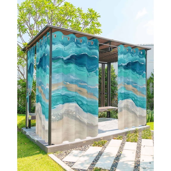 Outdoor Curtains for Patio, Teal Coastal Waterproof Blackout Outside Curtain for Porch/Pergola/Gazebo, Summer Beach Nautical Abstract Art Thermal Insulated Drapes for Cabana, 2 Panels, 54 x 95 Inch