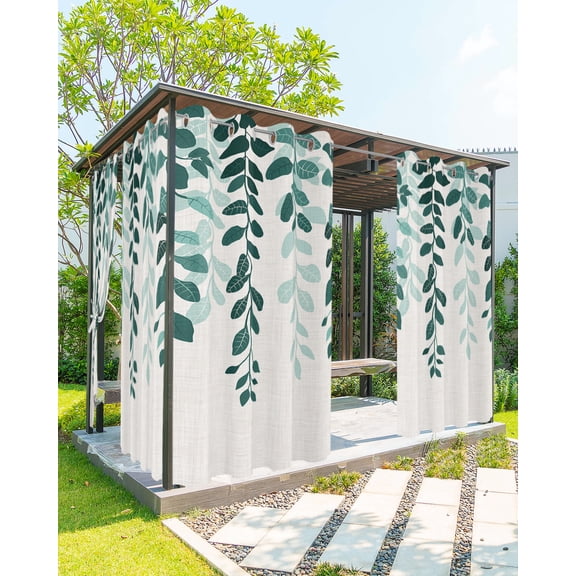 Outdoor Curtains for Patio, Teal Ombre Botanical Waterproof Blackout Outside Curtain for Porch/Pergola/Gazebo, Watercolor Pastoral Leaf Farmhouse Thermal Insulated Drapes, 1 Panel, 54 x 84 Inch