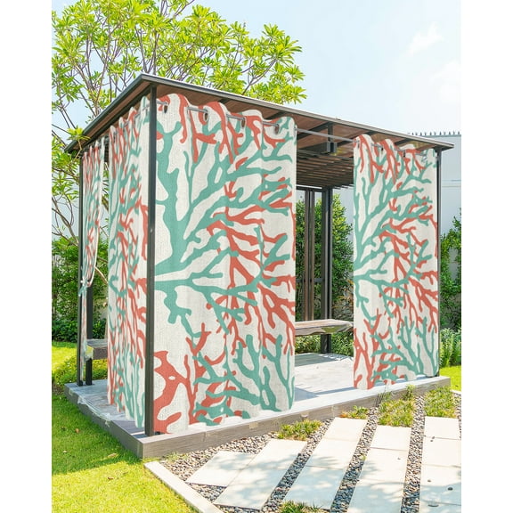 Outdoor Curtains for Patio, Teal Red Coral Waterproof Blackout Outside Curtain for Porch/Pergola/Gazebo, Summer Ocean Nautical Coastal Rustic Burlap Thermal Insulated Drapes, 2 Panels, 54 x 95 Inch