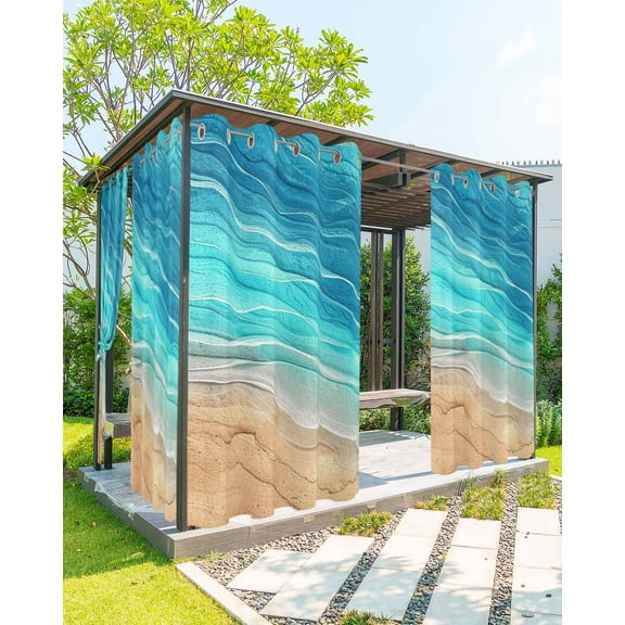 Outdoor Curtains for Patio Turquoise Gradient Seaside Ocean Wave Ombre Waterproof Privacy Outside Curtains with 2 Tiebacks Grommet Top Pergola Curtains for Porch Cabana Gazebo 1 Panel, 54x84 inch