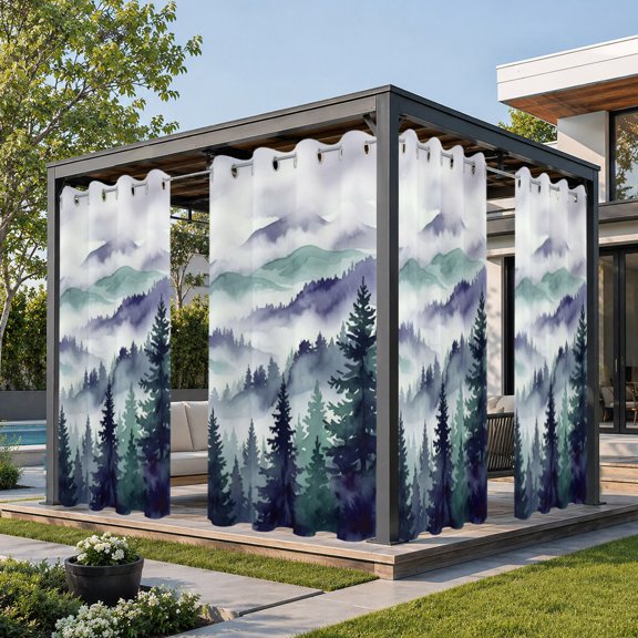 Outdoor Curtains for Patio Watercolor Tree Mountain Clouds Waterproof Outside Curtain Grommet Drapes Purple Green Forest Scenery Blackout Curtains for Porch Gazebo Pergola Cabana,2 Panels,54"x84"