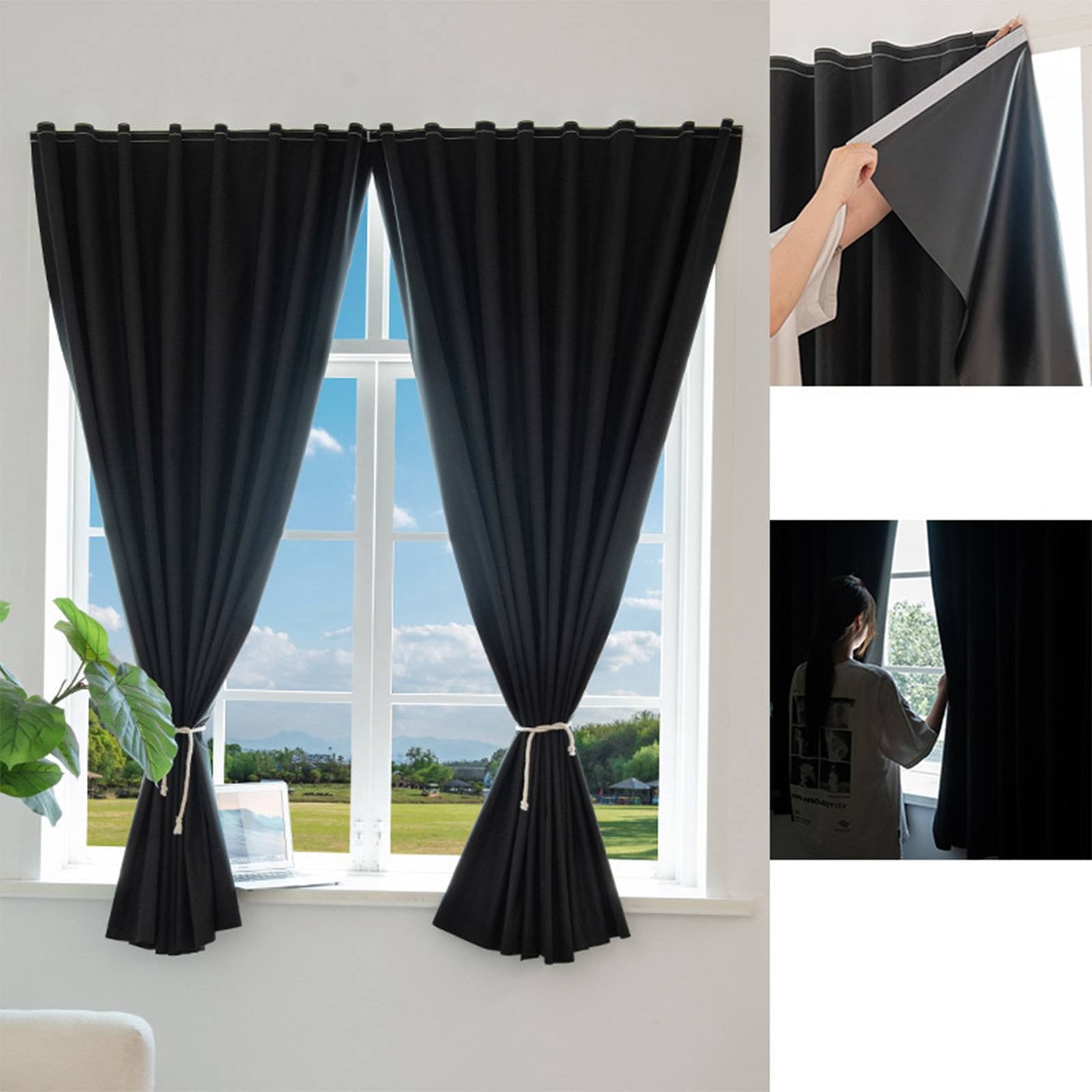 Outdoor Curtains for Patio Waterproof, 2 Panel Self Adhesive Curtains Blackout Curtains with Ropes, Light Blocking Curtains Shade, Porch Drapes Gazebo Curtains Outdoor Privacy Curtains, 59x39in Black