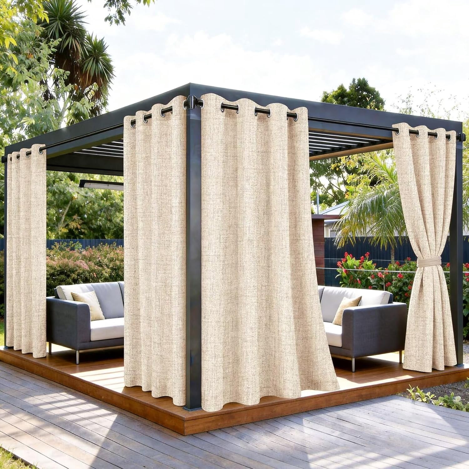 Outdoor Curtains for Patio Waterproof, 2 Panels Non-See-Through Linen