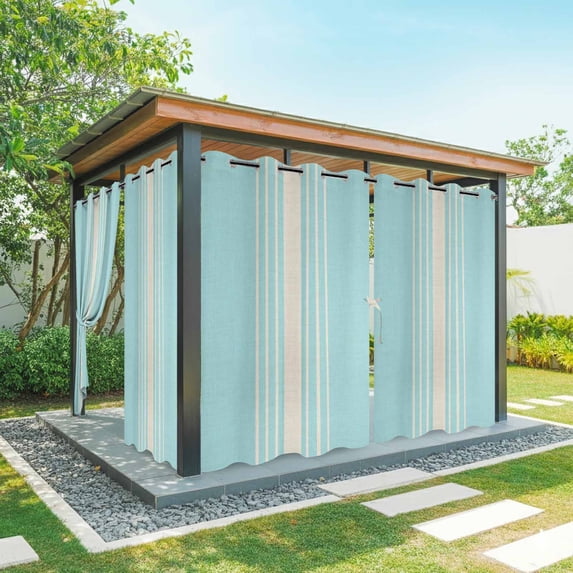 Outdoor Curtains for Patio Waterproof, Aqua Beige Striped Windproof Pravicy Outside Porch Blackout Curtain, Modern Farmhouse Retro Lines Sun Blocking Grommets Curtains for Cabana 2 Panels 54"x95"