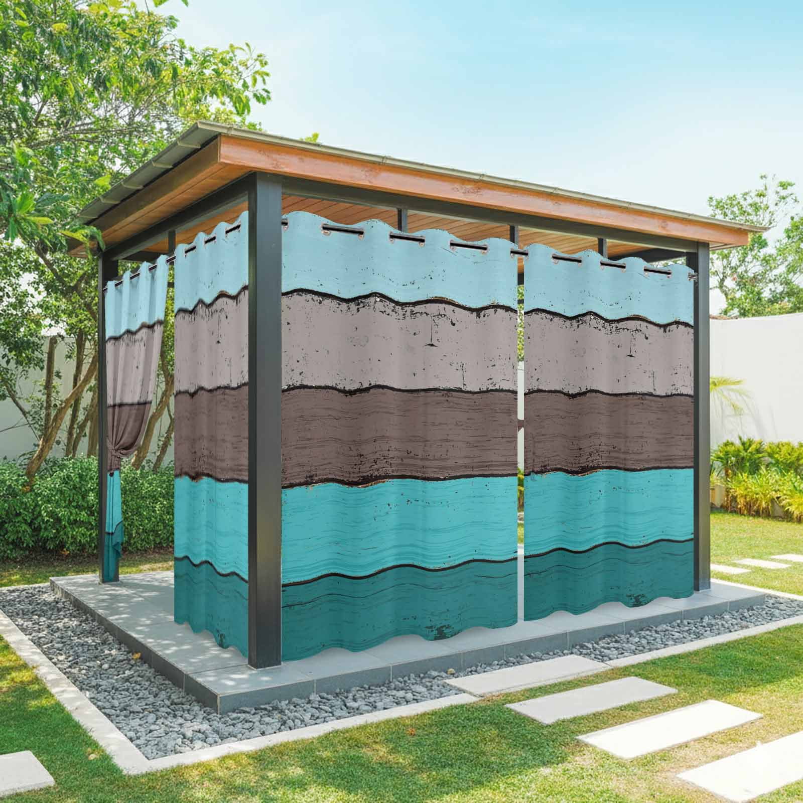 Outdoor Curtains for Patio Waterproof, Aqua Grey Windproof Pravicy Outside Porch Blackout Curtain, Vintage Stripe Farmhouse Wood Grain Ombre Sun Blocking Grommets Curtains for Cabana Gazebo 54"x108"