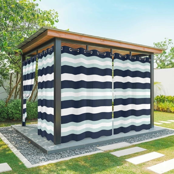 Outdoor Curtains for Patio Waterproof, Aqua Navy Blue Striped Windproof Pravicy Outside Porch Blackout Curtain, Modern Abstract Lines Geometric Sun Blocking Grommets Curtains for Cabana 54"x108"