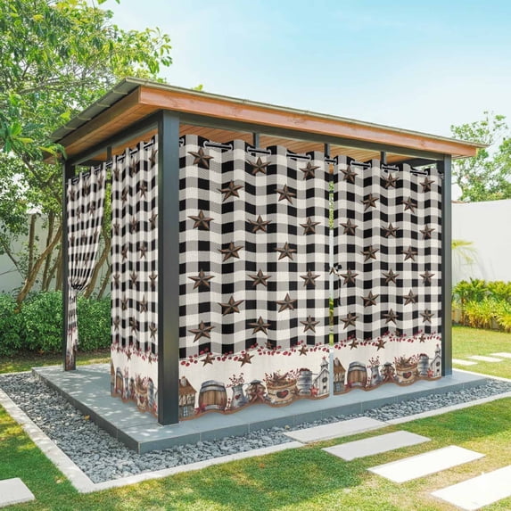 Outdoor Curtains for Patio Waterproof Barn Star Farm Indoor/Outdoor Curtain Tiebacks Black Buffalo Plaid Privacy Curtain Sun Block Grommet Drapes for Pergolas Gazebo Porch 2 Panel 54x108 Inch
