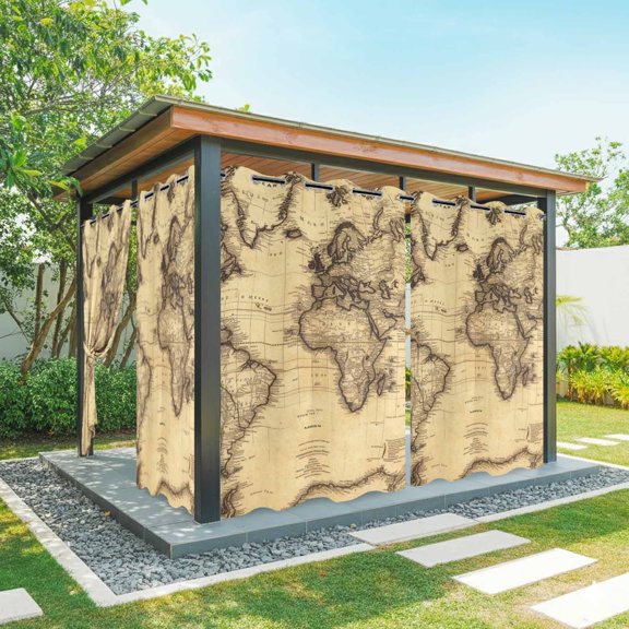 Outdoor Curtains for Patio Waterproof, Beige Map Windproof Pravicy Outside Porch Blackout Curtain, Retro Farmhouse Abstract Illustration Art Sun Blocking Grommets Curtains for Cabana Gazebo 54"x84"