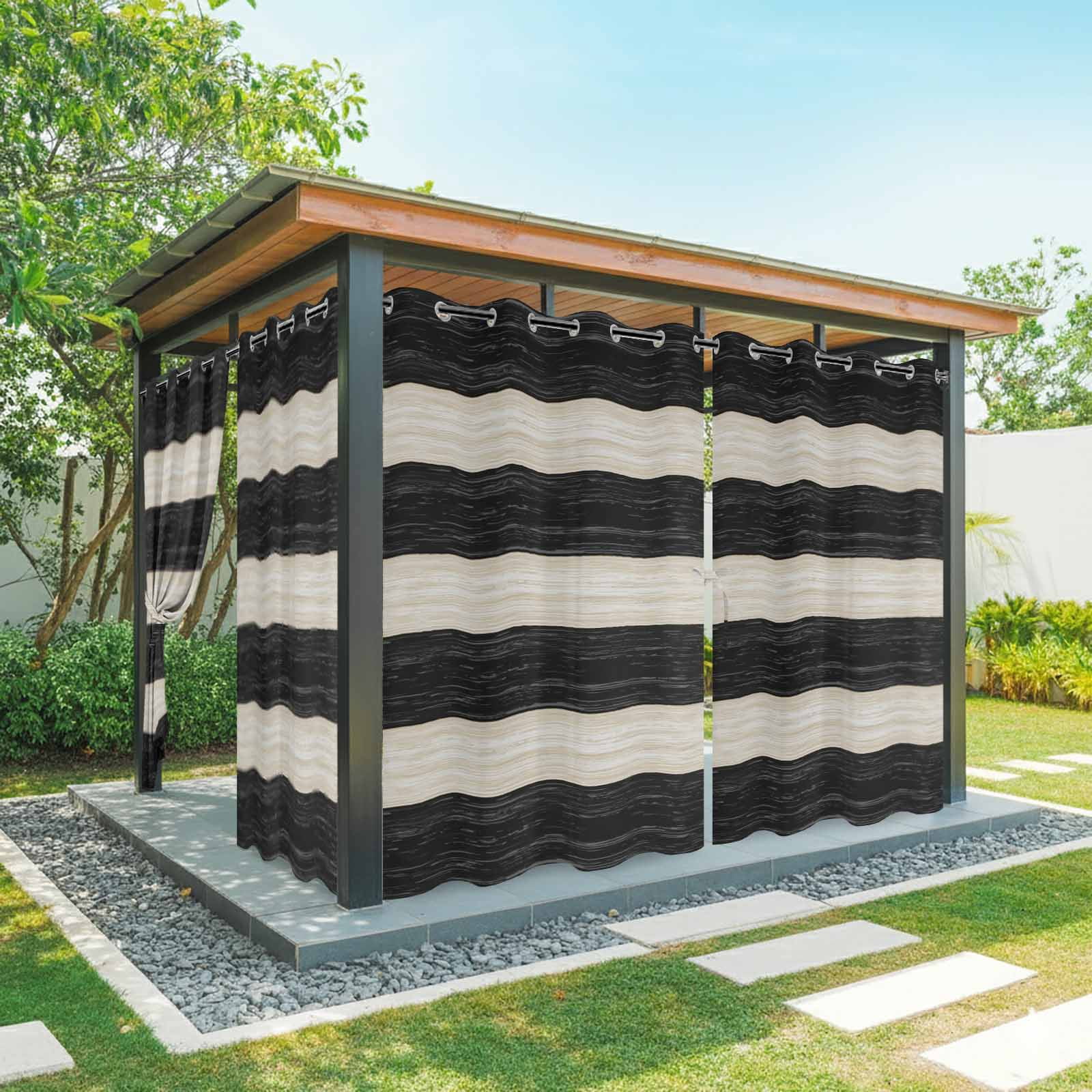 Outdoor Curtains for Patio Waterproof, Black Cream Striped Windproof Pravicy Outside Porch Blackout Curtain, Farmhouse Vintage Shabby Chic Wood Grain Sun Blocking Curtains for Cabana 54"x108"