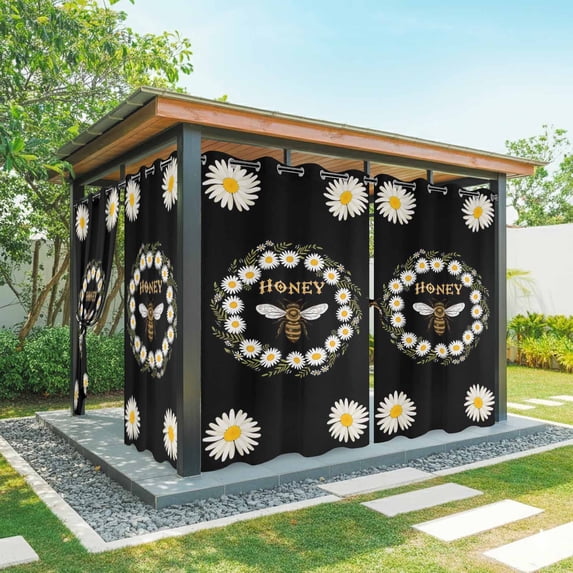 Outdoor Curtains for Patio Waterproof, Black Daisy Bees Outdoor Privacy Panels Grommet, Spring Farmhouse Honey Floral Rings Blackout Outside Curtains for Porch/Cabana/Pergola/Gazebo 54"x84", 1 Panel