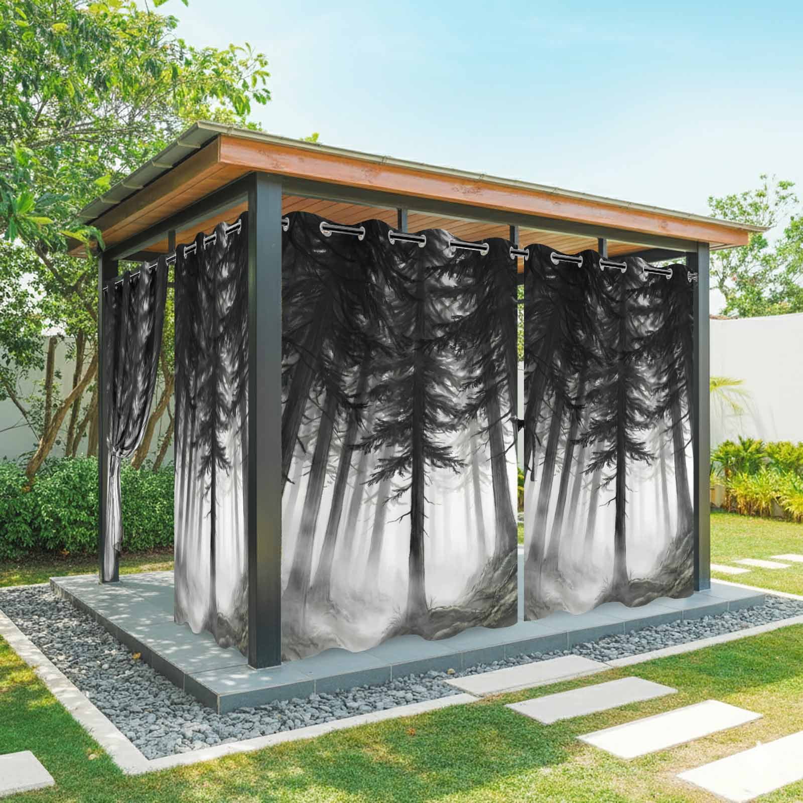Outdoor Curtains for Patio Waterproof, Black Forest Silhouette Windproof Pravicy Outside Porch Blackout Curtain, Nature Misty Trees Sun Blocking Grommets Curtains for Cabana Gazebo 54"x108"