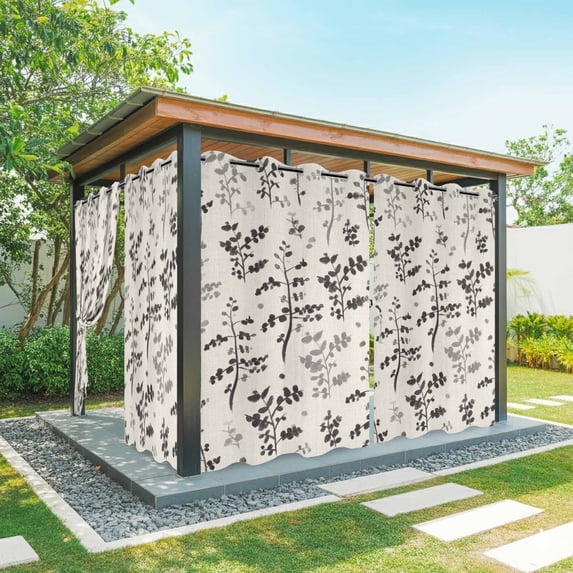 Outdoor Curtains for Patio Waterproof, Black Grey Botanical Outdoor Privacy Panels Grommet, Rustic Country Spring Floral Summer Leaf Blackout Outside Curtains for Porch/Cabana 54"x108", 2 Panels