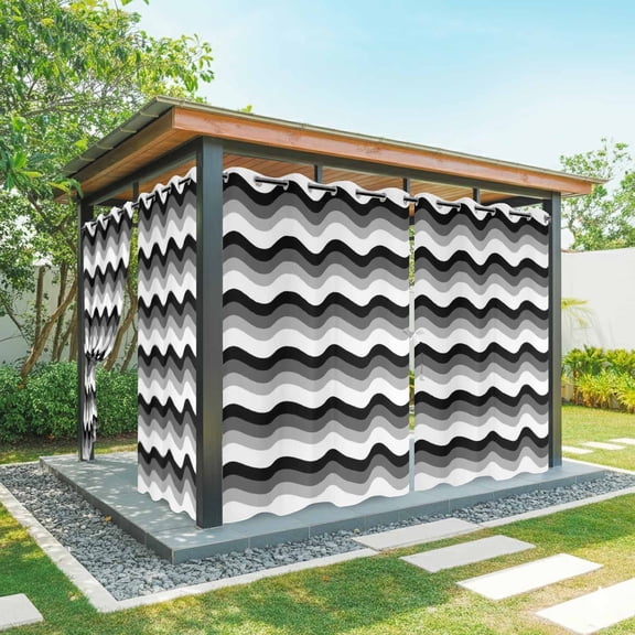 Outdoor Curtains for Patio Waterproof, Black Grey Moire Windproof Pravicy Outside Porch Blackout Curtain, Modern Geometric Wave Abstract Art Sun Blocking Grommets Curtains for Cabana Gazebo 54"x84"