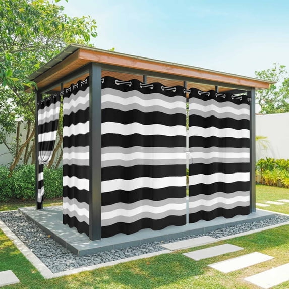 Outdoor Curtains for Patio Waterproof, Black Grey Stripe Windproof Pravicy Outside Porch Blackout Curtain, Minimalist Farmhouse Striped Sun Blocking Grommets Curtains for Cabana Gazebo 54"x84"