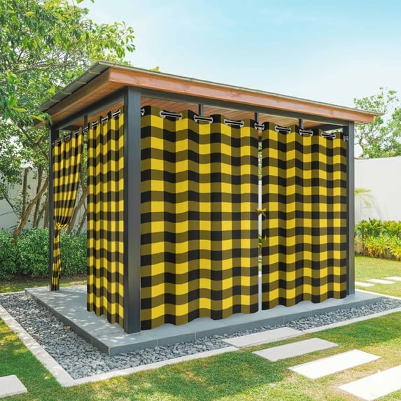 Outdoor Curtains for Patio Waterproof, Black Yellow Plaid Windproof Pravicy Outside Porch Blackout Curtain, Retro Country Buffalo Check Gingham Sun Blocking Grommets Curtains for Cabana 54"x108"