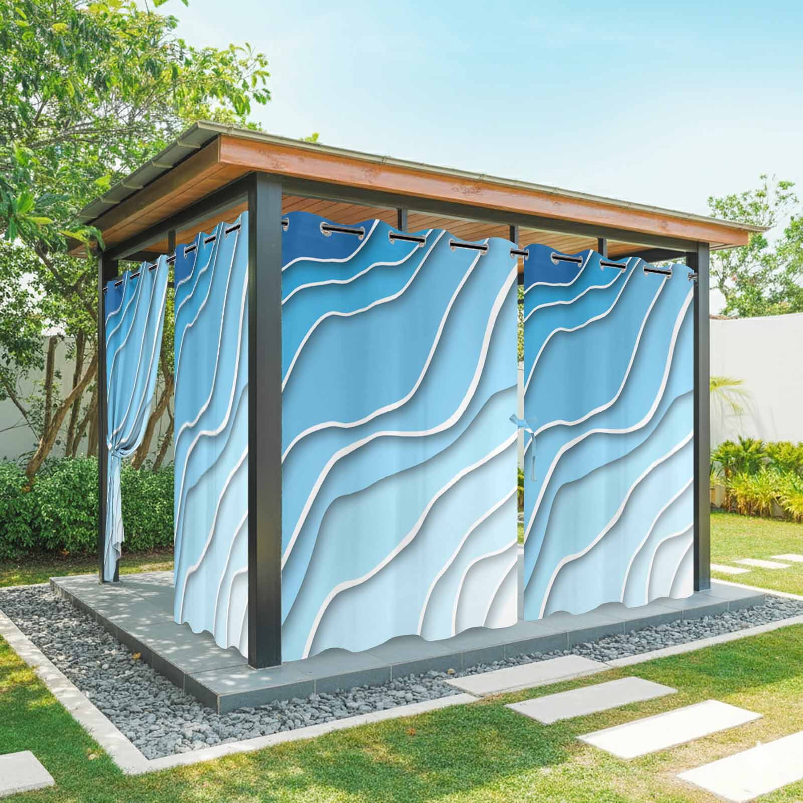 Outdoor Curtains for Patio Waterproof, Blue Aqua Ombre Windproof Pravicy Outside Porch Blackout Curtain, Modern Geometric Abstract Aesthetic Cream Sun Blocking Grommets Curtains for Cabana 54"x108"