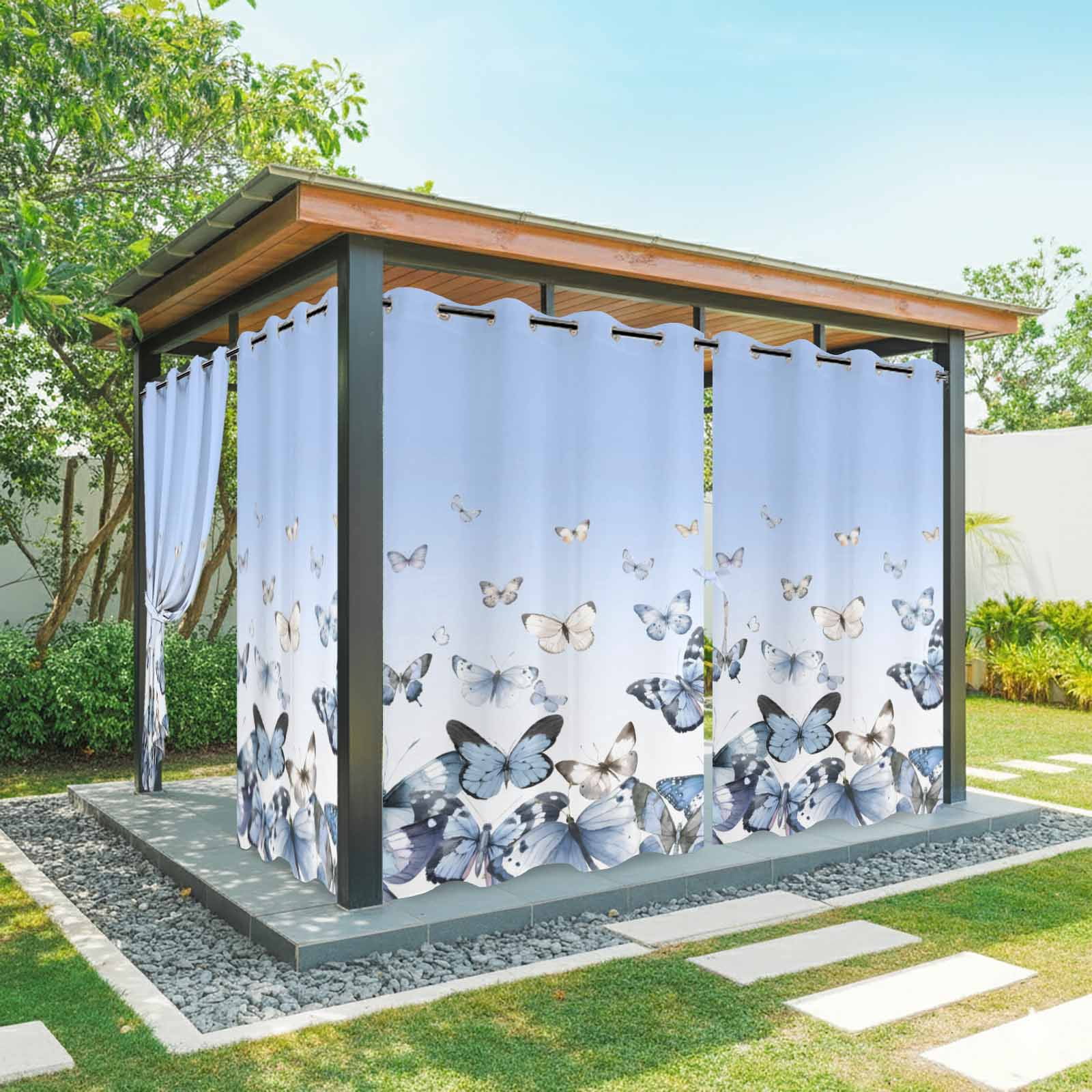 Outdoor Curtains for Patio Waterproof, Blue Butterflies Outdoor Privacy Panels Grommet, Elegant Pastoral Watercolor Blackout Outside Curtains for Porch/Cabana/Pergola/Gazebo 54"x84", 2 Panels