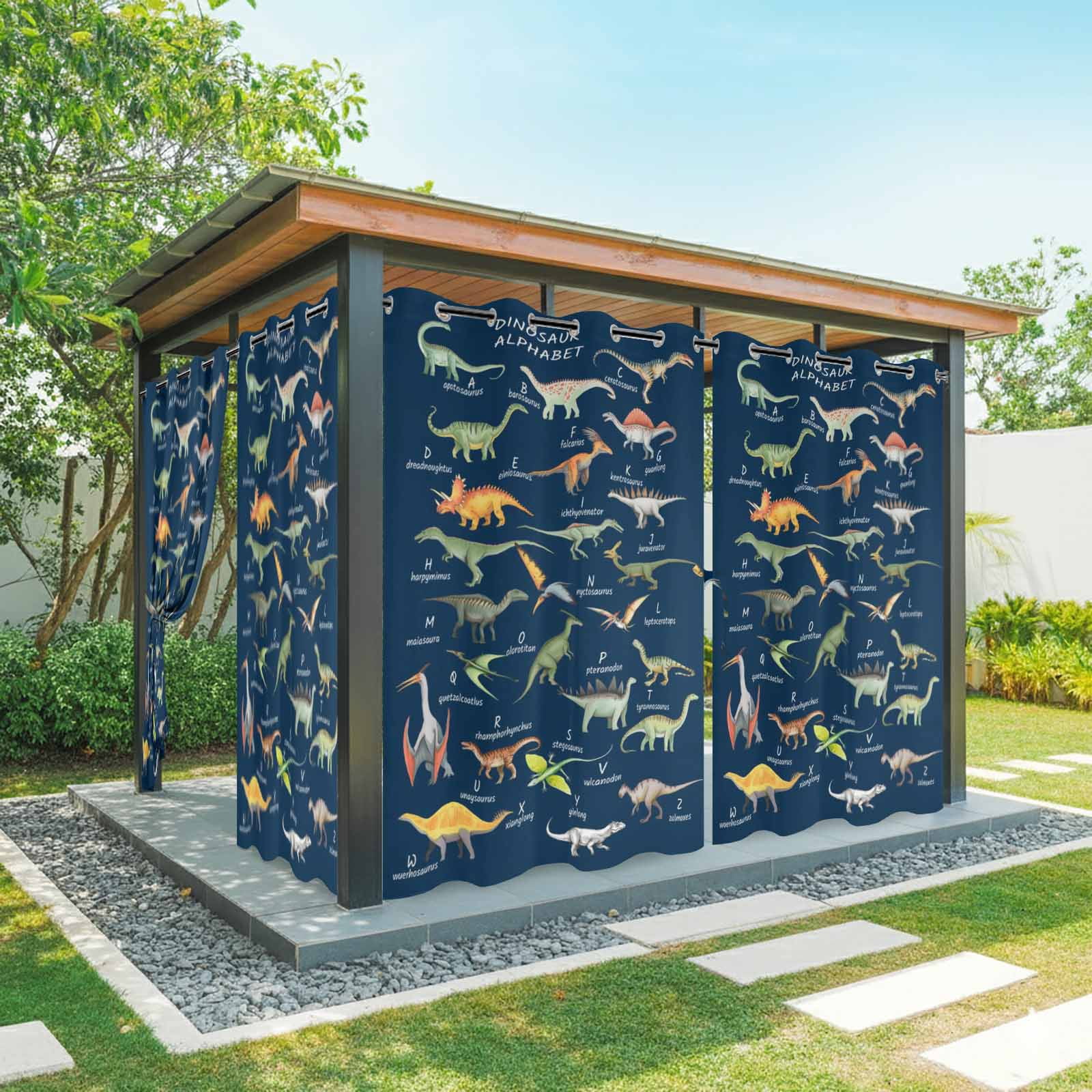 Outdoor Curtains for Patio Waterproof, Blue Dinosaur Windproof Pravicy Outside Porch Blackout Curtain, Vintage Letters Farm Animals Sun Blocking Grommets Curtains for Cabana Gazebo 54"x108"
