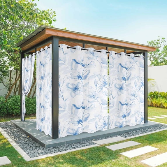 Outdoor Curtains for Patio Waterproof, Blue Flower Outdoor Privacy Panels Grommet, Watercolor Floral Botanical Line Drawing Print Blackout Outside Curtains for Porch/Cabana 54"x84", 1 Panel