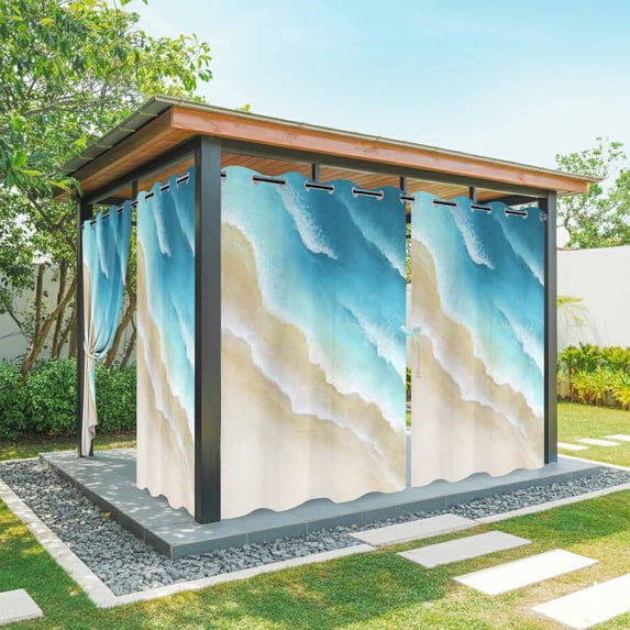 Outdoor Curtains for Patio Waterproof, Blue Gradient Beach Outdoor Privacy Panels Grommet, Watercolor Coastal Seaside Waves Ombre Blackout Outside Curtains for Porch/Cabana 54"x108", 1 Panel