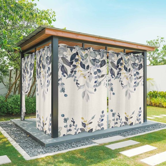 Outdoor Curtains for Patio Waterproof, Blue Grey Eucalyptus Windproof Pravicy Outside Porch Blackout Curtain, Farmhouse Weeping Leaves on Linen Sun Blocking Grommets Curtains for Cabana 54"x84"