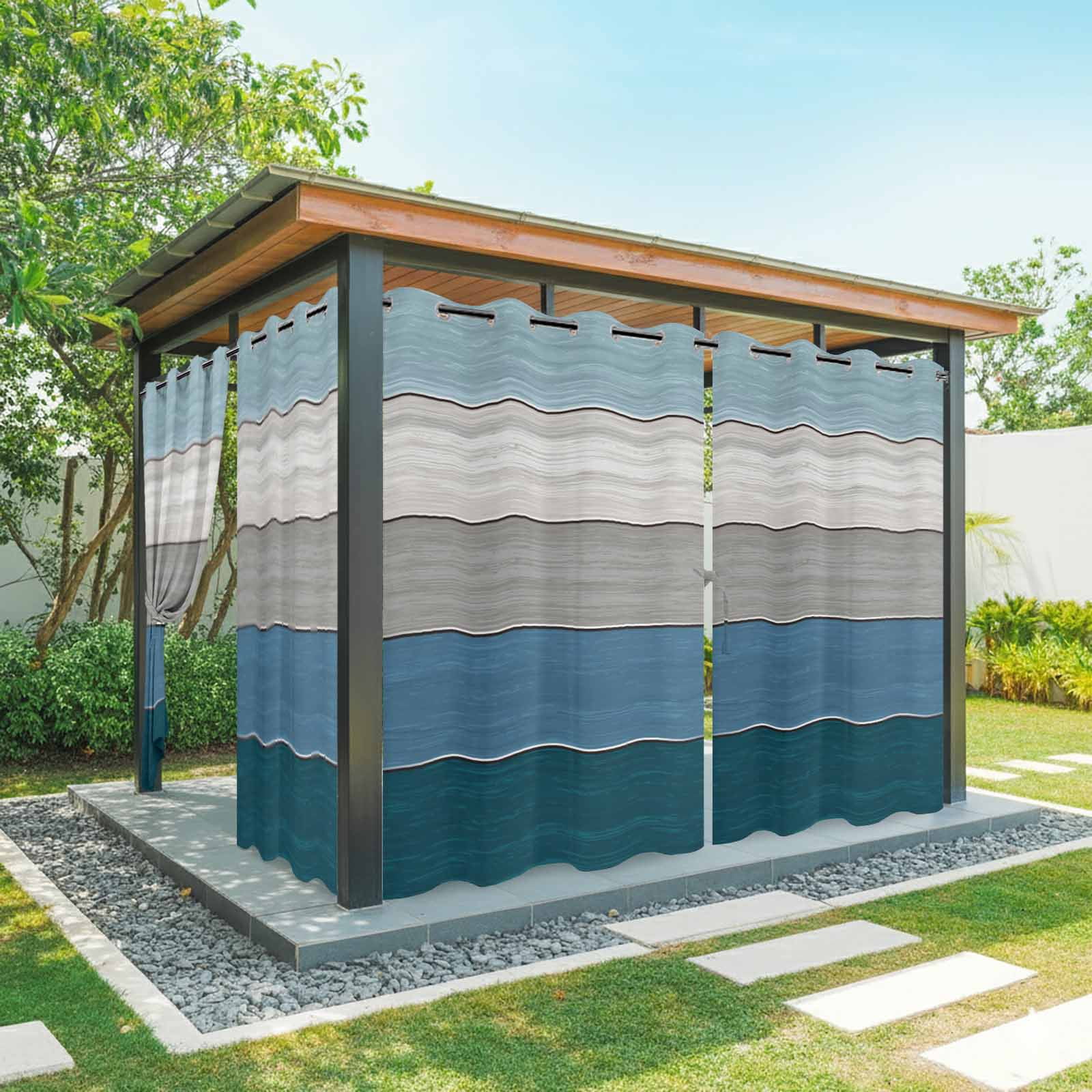 Outdoor Curtains for Patio Waterproof, Blue Ombre Wooden Windproof Pravicy Outside Porch Blackout Curtain, Farmhouse Retro Wood Gradient Sun Blocking Grommets Curtains for Cabana Gazebo 54"x108"