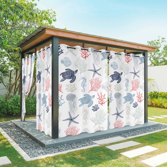 Outdoor Curtains for Patio Waterproof, Blue Red Coastal Windproof Pravicy Outside Porch Blackout Curtain, Nautical Summer Beach Coral Sea Turtle Sun Blocking Grommets Curtains for Cabana 54"x84"