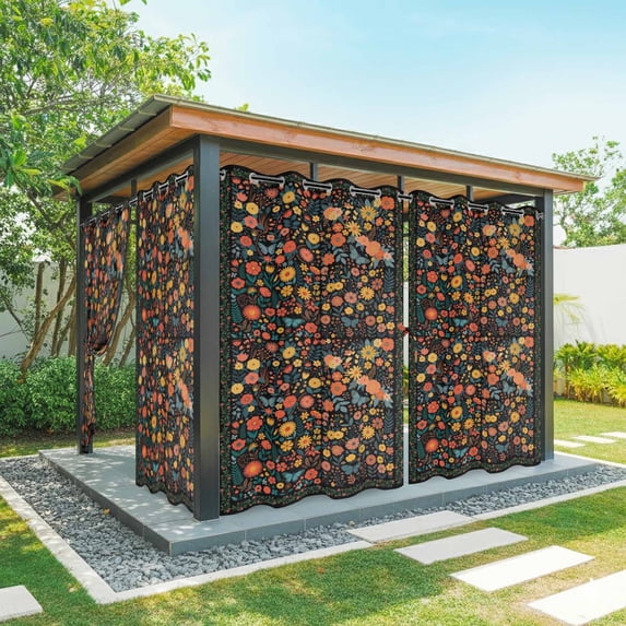 Outdoor Curtains for Patio Waterproof, Boho Black Flowers Outdoor Privacy Panels Grommet, Spring Abstract Watercolor Floral Leaf Blackout Outside Curtains for Porch/Cabana 54"x84", 2 Panels