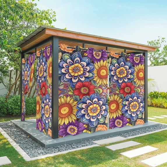 Outdoor Curtains for Patio Waterproof, Boho Blue Flower Outdoor Privacy Panels Grommet, Spring Bohemia Chic Red Yellow Floral Blackout Outside Curtains for Porch/Cabana 54"x95", 1 Panel