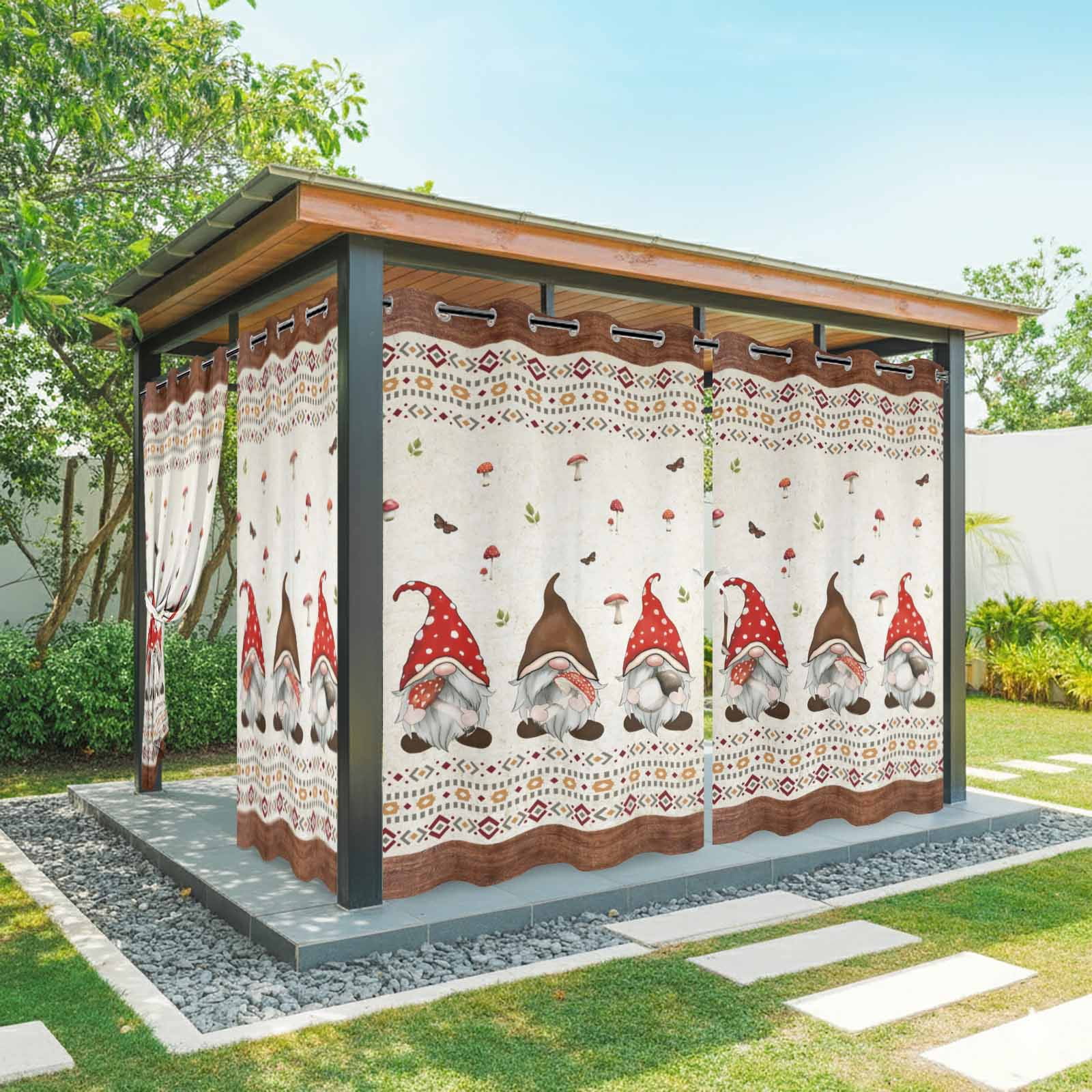 Outdoor Curtains for Patio Waterproof, Boho Gnomes Windproof Pravicy Outside Porch Blackout Curtain, Farmhouse Vintage Geometric Mushroom Brown Sun Blocking Grommets Curtains for Cabana 54"x108"