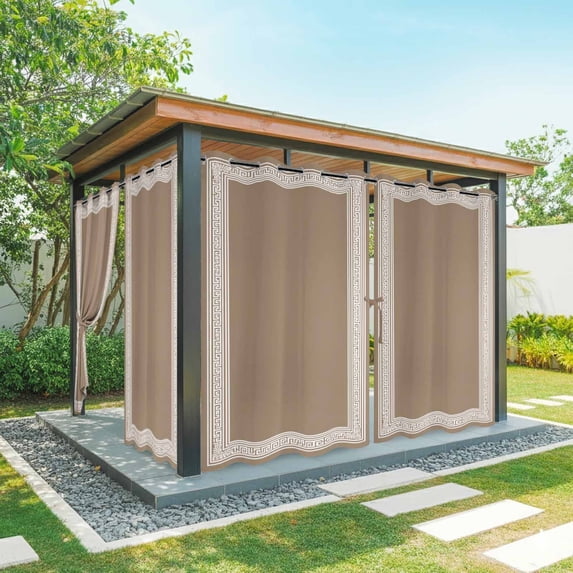 Outdoor Curtains for Patio Waterproof, Brown Geometric Windproof Pravicy Outside Porch Blackout Curtain, Vintage Greece Key Sun Blocking Grommets Curtains for Cabana Gazebo 54"x108"