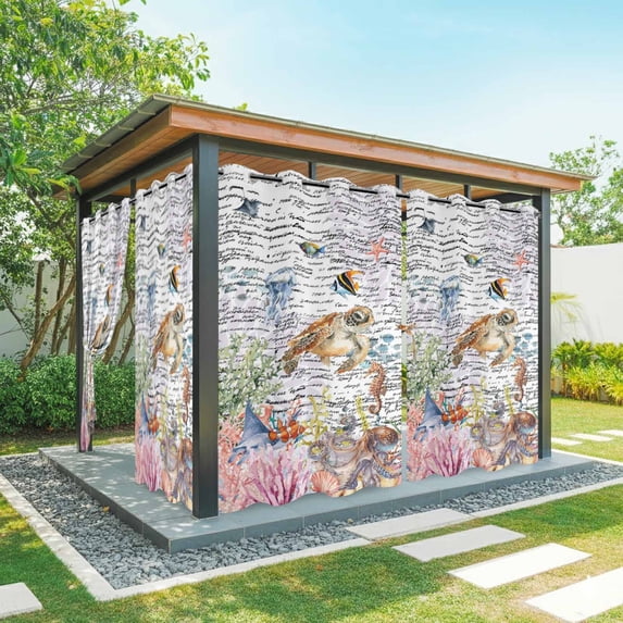 Outdoor Curtains for Patio Waterproof, Brown Turtle Coastal Windproof Pravicy Outside Porch Blackout Curtain, Summer Beach Coral Seahorse Ocean Octopus Sun Blocking Grommets Curtains54"x95"