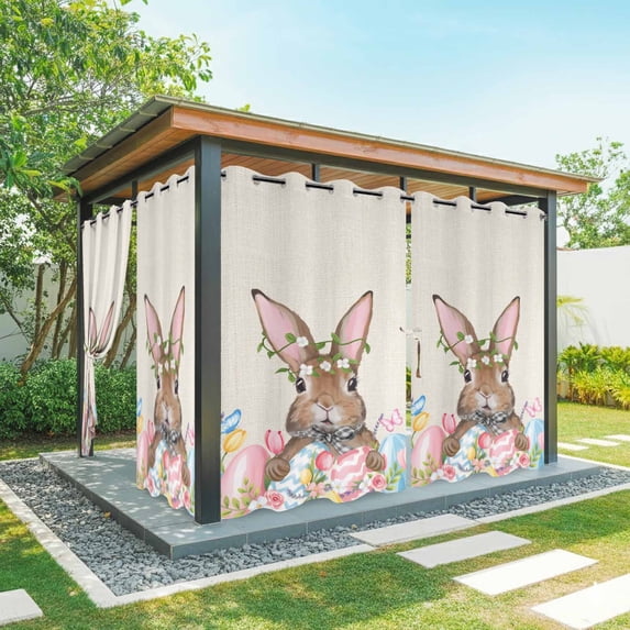 Outdoor Curtains for Patio Waterproof, Bunny Easter Outdoor Privacy Panels Grommet, Pink Blue Eggs Tulips Floral Rabbit Rustic Blackout Outside Curtains for Porch/Cabana 54"x108", 1 Panel