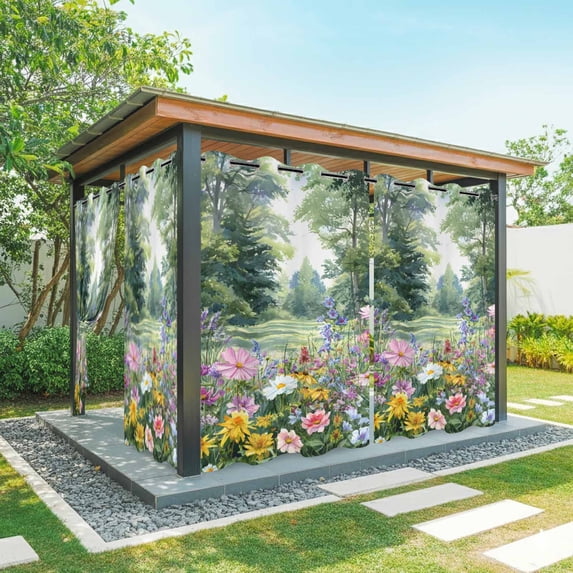 Outdoor Curtains for Patio Waterproof, Colorful Floral Spring Outdoor Privacy Panels Grommet, Daisy Green Forest Pastoral Blackout Outside Curtains for Porch/Cabana/Pergola/Gazebo 54"x84", 1 Panel