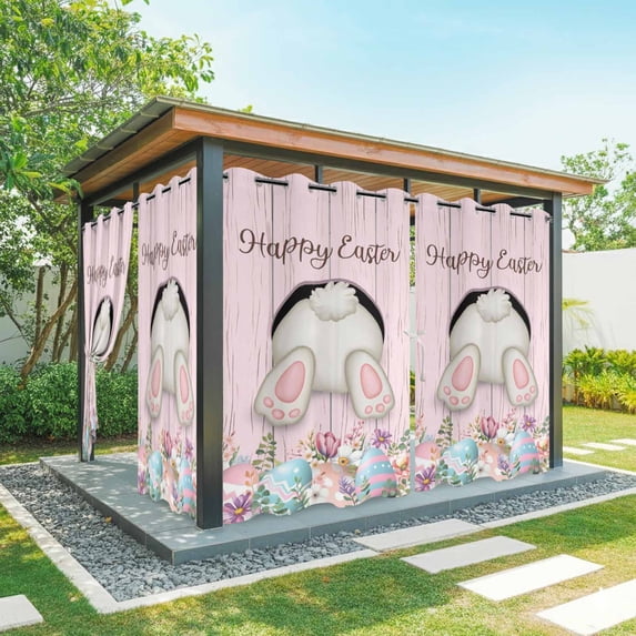 Outdoor Curtains for Patio Waterproof, Easter Bunny Outdoor Privacy Panels Grommet, Colorful Eggs Cute Rabbit Pink Country Wooden Blackout Outside Curtains for Porch/Cabana 54"x108", 2 Panels