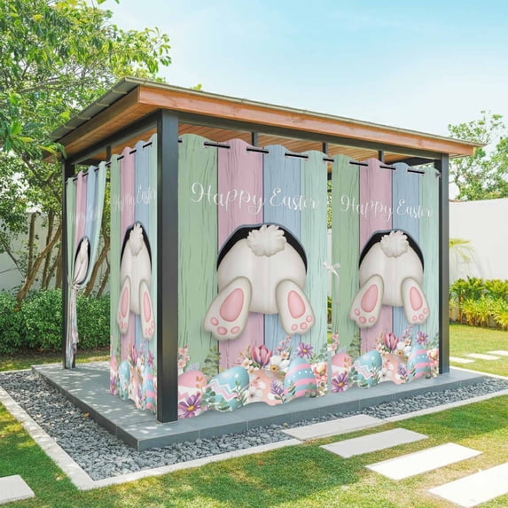 Outdoor Curtains for Patio Waterproof, Easter Bunny Outdoor Privacy Panels Grommet, Eggs Cute Rabbit Floral Colorful Country Wooden Blackout Outside Curtains for Porch/Cabana 54"x84", 2 Panels
