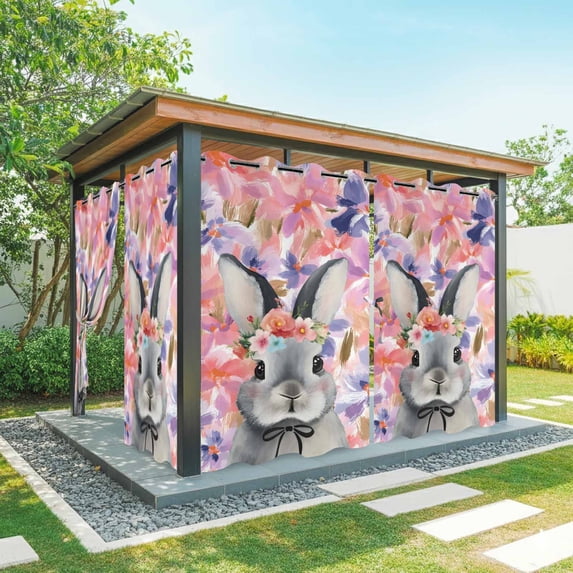 Outdoor Curtains for Patio Waterproof, Easter Bunny Outdoor Privacy Panels Grommet, Spring Pink Flowers Rabbit Pastoral Botanical Blackout Outside Curtains for Porch/Cabana 54"x84", 1 Panel
