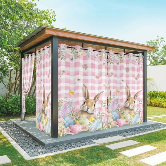 Outdoor Curtains for Patio Waterproof, Easter Outdoor Privacy Panels Grommet, Spring Rabbit Eggs Nature Botanicals Pink Plaid Blackout Outside Curtains for Porch/Cabana 54"x84", 2 Panels